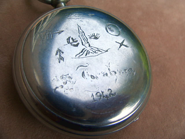 Dennison MKVI pocket compass showing Masonic symbols enraved on base