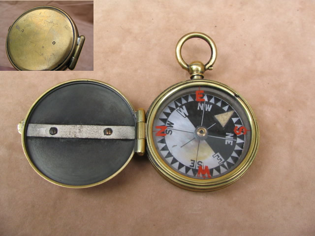 Victorian brass pocket compass with Mother of Pearl dial