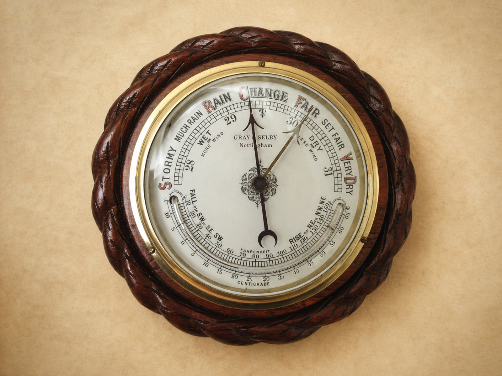 Victorian aneroid barometer with curved thermometer